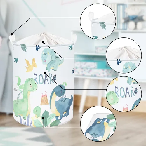Vista 5 de Clastyle Cesta de lavandería de dinosaurio verde de dibujos animados de 45L con asa redonda para dormitorio, baño, juguetes, cesta de almacenamiento