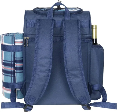 Vista 7 de Hap Tim Mochila de pícnic para 2 personas con compartimento aislado a prueba de fugas, soporte para vino, manta de forro de vellón y juego de Azul