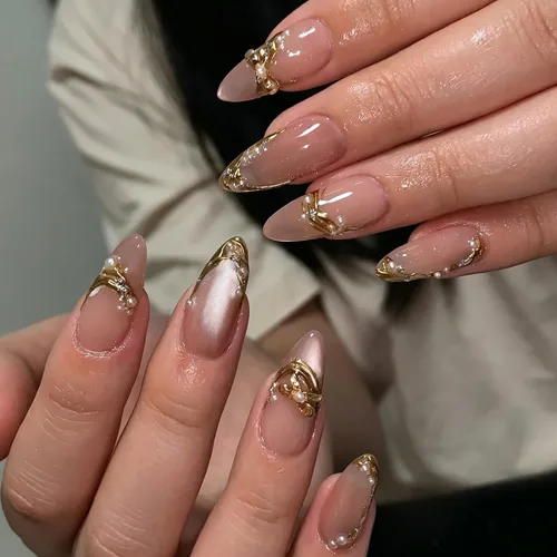 Vista 15 de Uñas postizas medianas a presión de almendra para mujer, uñas postizas Color-2