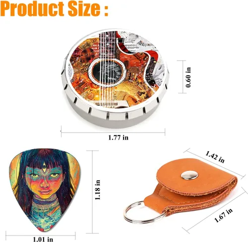 Vista 3 de Paquete de 12 púas de guitarra medianas con soporte de púas de cuero y caja de lata, púas de celuloide artísticas únicas para bajo, guitarra