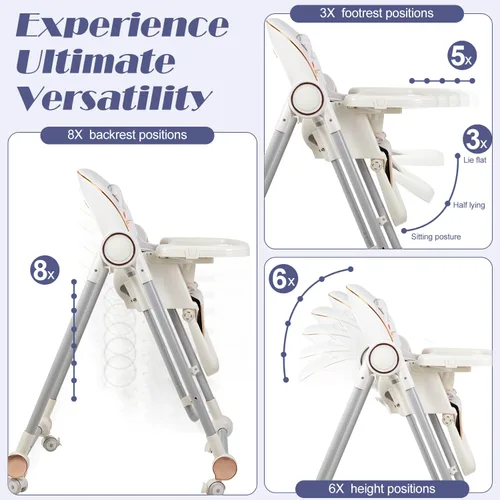 Vista 5 de Combo de silla alta 5 en 1 para bebé, silla alta plegable para bebé con cojín suave extraíble lavable y bandeja, altura ajustable y reclinable