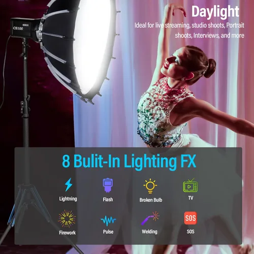 Vista 3 de SIRUI Luz de video LED CS100 de 100 W, iluminación continua de luz diurna portátil, CRI 96 de 5600K, TLCI 98 4000Lux/m, montaje Bowens, 8 efectos