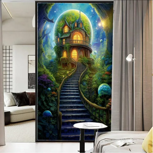 Vista 19 de Película de privacidad rústica para ventana, diseño retro de árbol de casa, vitral, bloqueo solar, control de calor, película decorativa para cubrir