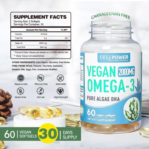 Vista 6 de Suplemento vegano Omega 3 DHA – Aceite de algas, DHA a base de plantas, 800 mg, sin carragenina, reemplazo para aceite de pescado, apoya el corazón