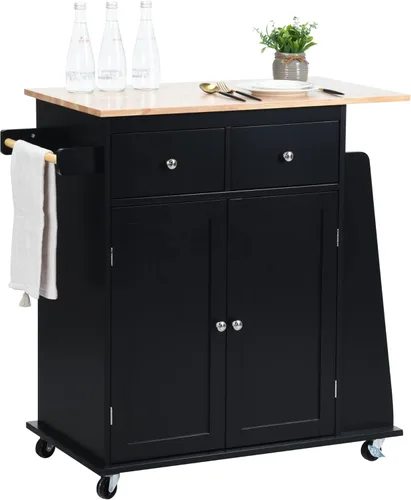 LOKO Kitchen Island, carrito de almacenamiento de cocina con 3 niveles para especias y toallero, carrito de microondas con ruedas y mesa de madera