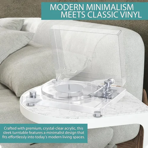 Vista 3 de Tocadiscos de vinilo, tocadiscos con Bluetooth 5.3, preamplificador integrado, doble velocidad 33/45 RPM, brazo de fibra de carbono, diseño acrílico