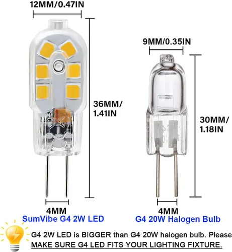 Vista 4 de Bombilla LED G4, reemplazo de bombilla halógena de 20 W, base de dos pines G4 de 2 W, AC/DC 12 voltios blanco cálido 3000 K, no regulable, paquete