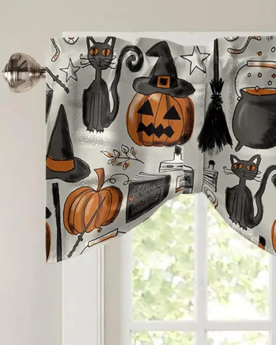 Vista 3 de Cenefas de cortina de Halloween para ventanas, calabaza con sombrero de bruja, cenefa de cortina para cocina, sala de estar, gato negro, retro