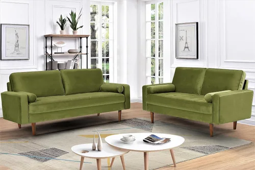 Vista 14 de Sofás capitoné de terciopelo para sala de estar, estilo clásico de mediados de siglo con silueta moderna, acolchado de botones y patas de madera