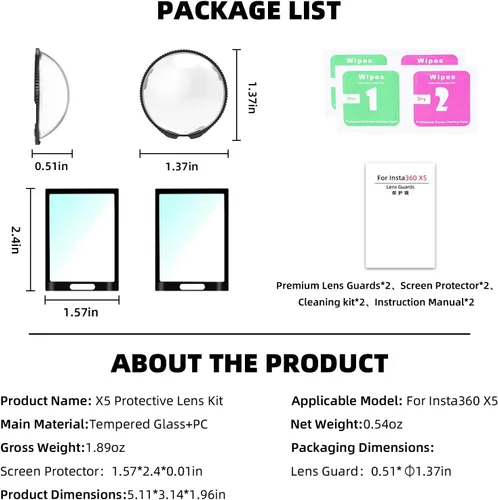 Vista 9 de Protector de lente Insta 360 X5 Premium + paquete de 2 protectores de pantalla, paquete de accesorios para lente de película de vidrio templado