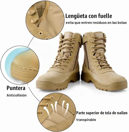 Vista 6 de Botas militares tácticas para hombre de 8 pulgadas con cremallera Arena