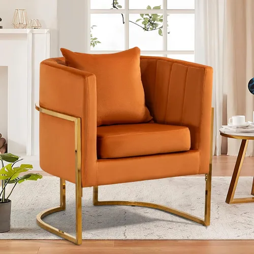 Vista 27 de Silla moderna de cuero, sillón tapizado de mediados de siglo con almohada para sala de estar, cómoda silla de tocador individual con patas doradas