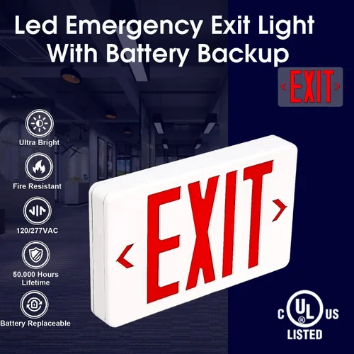 Vista 3 de Señal de salida roja, luz LED de salida de emergencia comercial con batería de respaldo, certificación UL, CA 120/277 V, luces de salida de letras