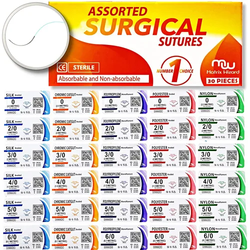 Hilo de suturas con aguja (30PK Mezcla absorbible: Cromado; No absorbible: Seda, Nylon, Poliéster, Polipropileno: 0,2-0,3-0,4-0,5-0,6-0) - Kit de