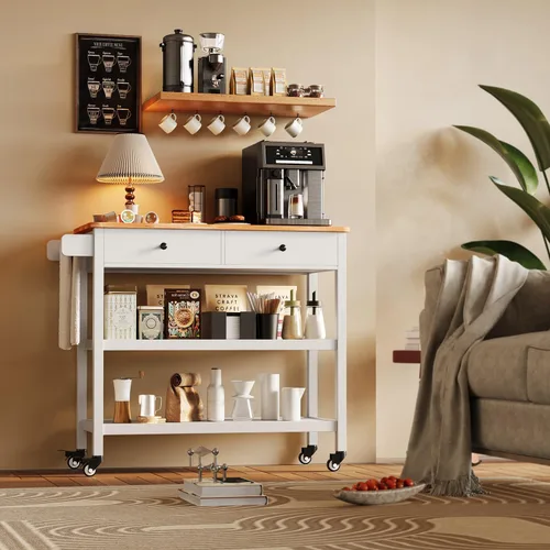 Vista 7 de Gizoon Carrito de isla de cocina con ruedas con mesa de madera de 40 pulgadas, 2 estantes de almacenamiento espaciosos y toallero, carrito