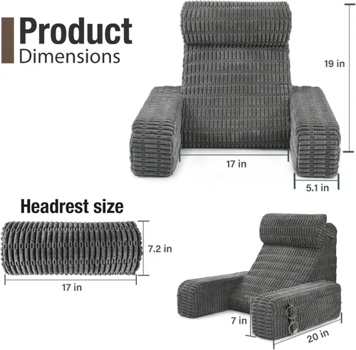 Vista 7 de Almohada de lectura de 19 pulgadas para cama con brazos integrados y bolsillos grandes, cojín de respaldo de apoyo para leer, descansar o Gris