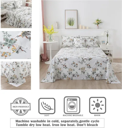 Vista 4 de FADFAY Juego de sábanas para cama individual, elegante ropa de cama floral con estampado de pájaros beige desgastado, juego de sábanas vintage
