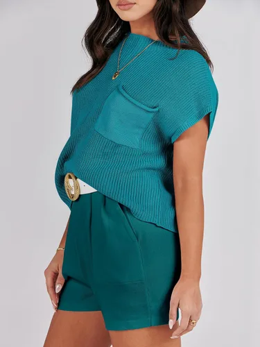 Vista 3 de Prinbara Conjunto de 2 piezas para mujer, suéter de verano, conjunto de pantalones cortos de punto, sin botones y pantalones cortos, conjunto casual