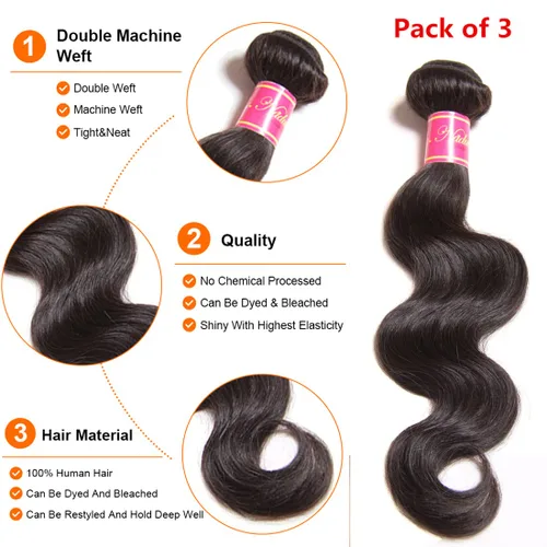 Vista 3 de Nadula Hair 7a, extensiones de cabello virgen brasileño con ondas, 3 mechones naturales de cabello brasileño con ondas sin procesar