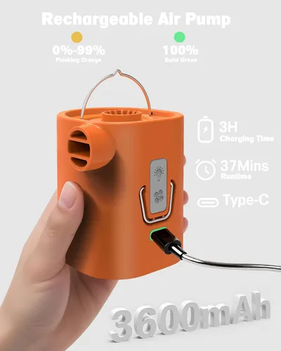 Vista 2 de Bomba de aire portátil de 3600 mAh para inflables, mini bomba de inflador eléctrica/recargable con luz de campamento de 3 modos, 6 boquillas, 400