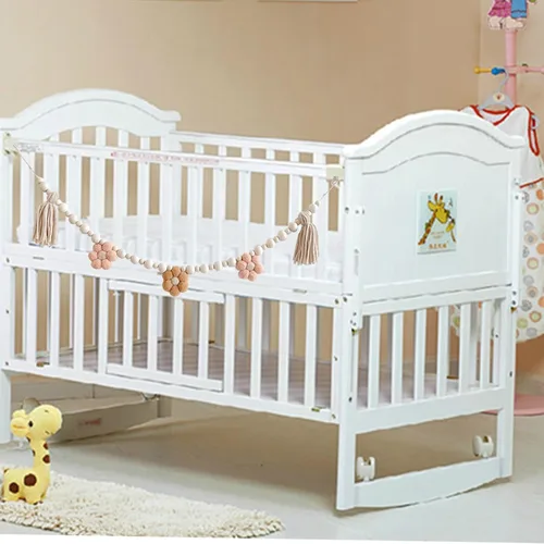 Vista 5 de 1 guirnalda de borlas bohemias con cuentas de madera, guirnalda de borlas de madera de margaritas para decoración de pared de granja, aula