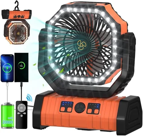 Vista 9 de ADUST Ventilador portátil para campamento, funciona con pilas, con luz LED, ventilador oscilante recargable de 20000 mAh con gancho colgante de Negro