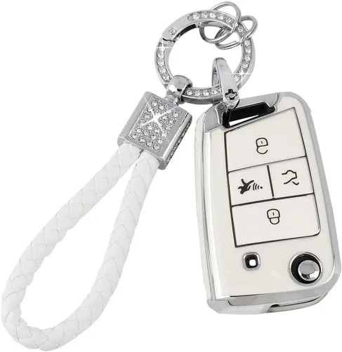 Vista 23 de PIFOOG Funda para Llavero de TPU con Cadena de Llaves Brillante, Llaveros de Entrada sin Llave, Botones de Protección, Blanco Plateado, Blanco