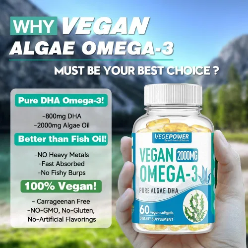 Vista 2 de Suplemento vegano Omega 3 DHA – Aceite de algas, DHA a base de plantas, 800 mg, sin carragenina, reemplazo para aceite de pescado, apoya el corazón