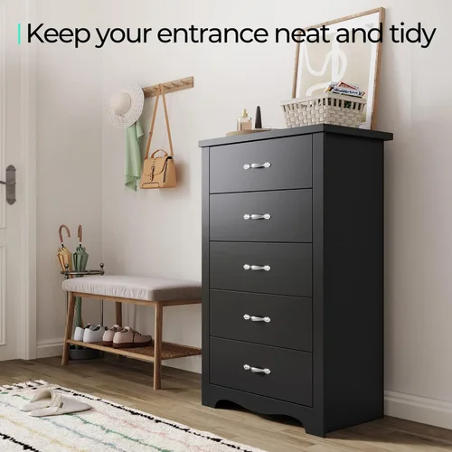 Vista 8 de LINSY HOME Cómoda de 5 cajones, cómoda negra para dormitorio, cómoda moderna con cajones anchos, cómoda de almacenamiento de madera para guardería