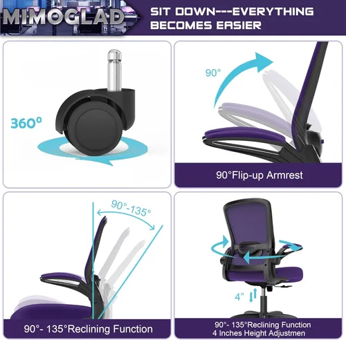 Vista 6 de Silla de oficina Mimoglad, silla de escritorio ergonómica con soporte lumbar ajustable, silla de computadora de malla de respaldo alto
