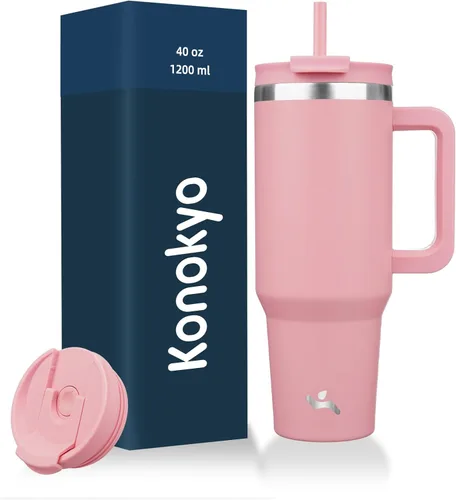 Vista 16 de Konokyo Vaso de 30 onzas con asa y 2 popotes, botella de agua aislada con tapa 2 en 1, taza de café de viaje de acero inoxidable, verde militar