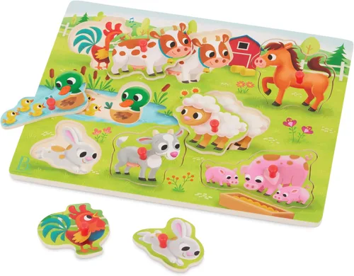 Vista 11 de B. toys Peek & Explore Puzzle 4 – Pack – Juguetes de madera para niños pequeños – 8 piezas cada uno – Vehículos, camiones, animales, corral – 2+ años