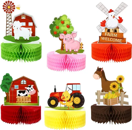 Threan 6 piezas de decoración de fiesta de animales de granja, centros de mesa de panal de abeja de cumpleaños, decoración de mesa de animales de