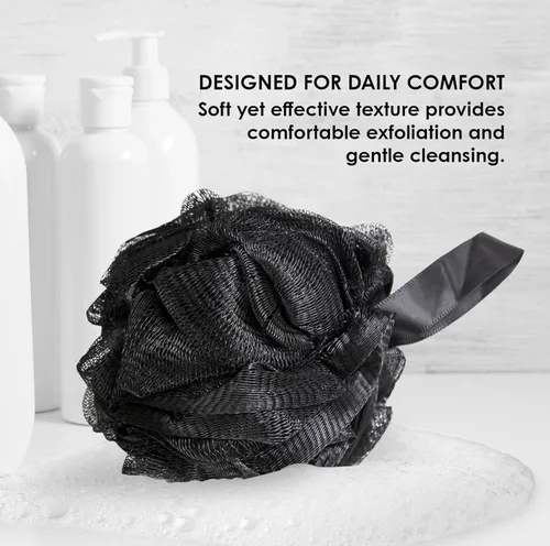 Vista 7 de Esponja de esponja de baño – Paquete de 4 bolas de malla de ducha negra – Exfoliante corporal para hombres y mujeres – Esponja de baño duradera