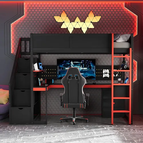Vista 10 de JIVOIT Twin Size Loft Bed, Esports-Inspired Wooden Gaming Loft Bed with Storage Stairs, Built-in Desk, Shelves & Pegboard, No Box Spring Needed