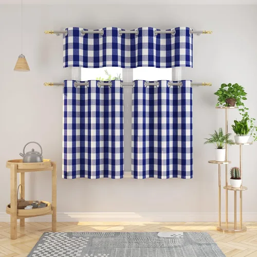 Vista 20 de Juego de 3 cortinas de cocina estilo campirano clásico con ventana de algodón y cenefa con ojales - Set de cenefa y volado a cuadros Buffalo en rosa