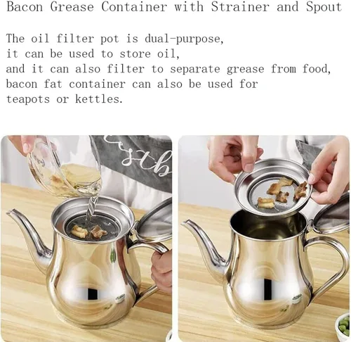 Vista 7 de Olla de filtro de aceite de acero inoxidable, recipiente de grasa de tocino con colador y boquilla, olla de aceite filtrante reutilizable para grasa