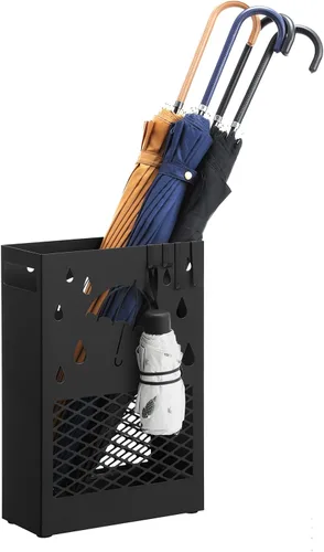 SONGMICS Soporte de paraguas de metal, rectangular, con bandeja de goteo extraíble, 4 ganchos, diseño recortado, para entrada, oficina, negro