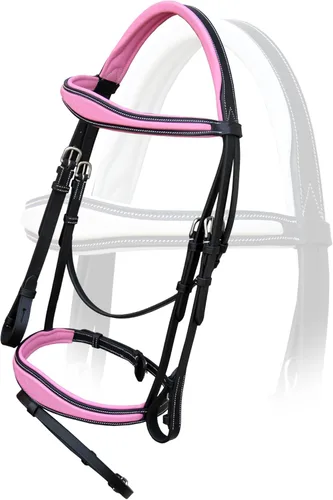 Vista 2 de Exion Brida inglesa rosa para caballos Brida inglesa anatómica de banda nasal y banda de frente brida inglesa con flash y rines de goma.