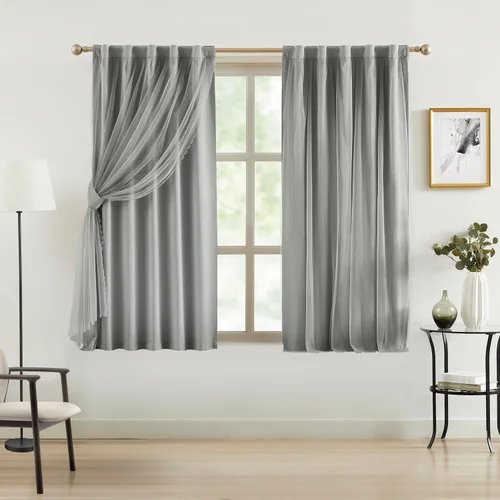 Vista 9 de Bujasso Cortinas Beige 80% Opacas con Superposición de Tul Mezcla y Combina Paneles de Ventana de Doble Capa con Aislamiento Térmico de 63 pulgadas