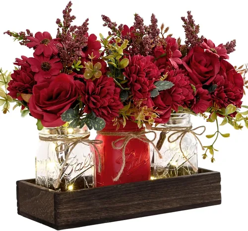 Vista 11 de BLEUM CADE Decoraciones de Centro de Mesa - 3 Piezas Rosas Flores Artificiales en Frascos Mason con Bandeja de Madera para Mesa de Comedor Mesa