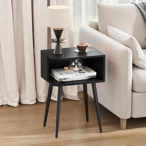 Vista 4 de MLBZ20B-2 - Juego de 2 mesitas de noche negras, mesa auxiliar de cama pequeña para espacios pequeños, mesa auxiliar moderna de mediados de siglo
