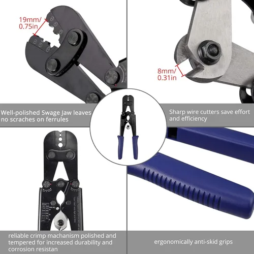 Vista 3 de Proster Herramienta de prensado de cuerda de alambre: crimpadora y cortador de mano de 1/16 a 1/8 pulgadas, 100 fundas de bucle de prensado