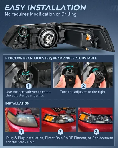 Vista 7 de Nilight Conjunto de faros delanteros para Ford Mustang 1999 2000 2001 2002 2003 2004 repuesto carcasa negra reflector ámbar lado conductor y pasajero