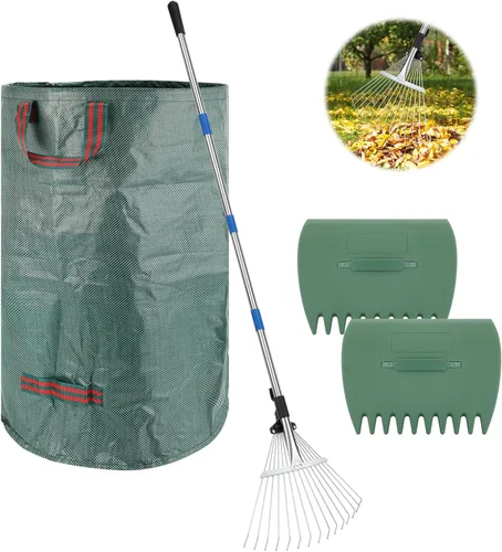 Vista 8 de SANLIKE Rastrillo de metal de 68 pulgadas, rastrillo de hojas con mango ajustable, rastrillo de jardín para hojas, rastrillo de paja colector