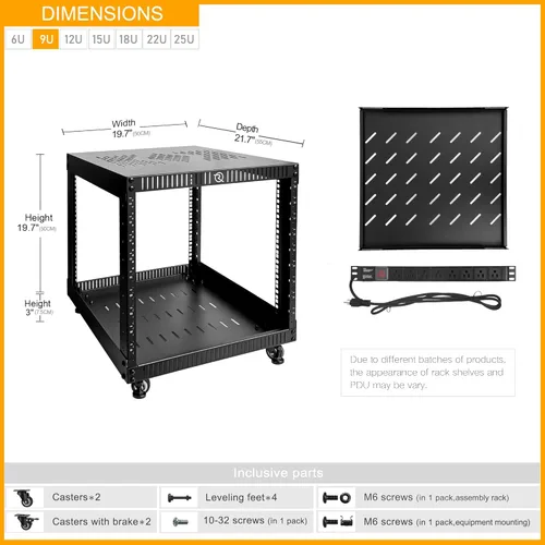Vista 2 de RIVECO Rack de red 9U con cubierta superior reforzada, estante de piso de 4 postes sobre ruedas para equipo de 19 pulgadas y equipo estéreo, incluye