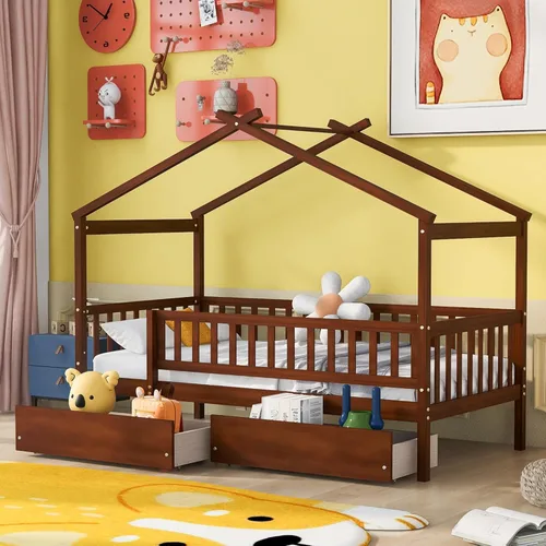 Vista 11 de Cama de madera de tamaño individual con dos cajones y techo, cama de plataforma con 2 cabeceros, para dormitorio de niños, adolescentes, niñas