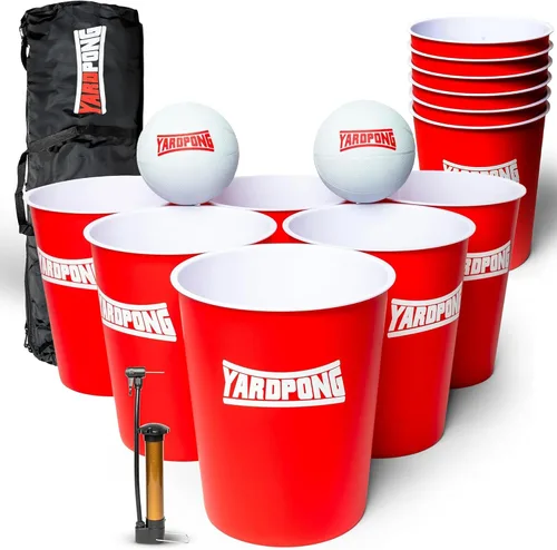 YardPong – Juego gigante de pong y baloncesto de patio con 12 cubos, 2 pelotas, bolsa de transporte y bomba de aire – Juego al aire libre para