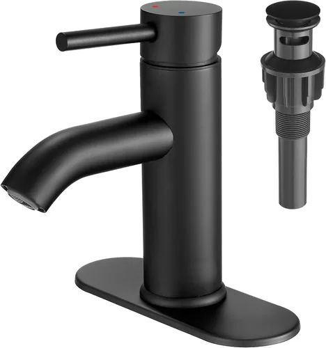 Grifo de Baño Negro de Una Sola Manija, Grifo de Lavabo de Baño con Desagüe Pop-up, Grifo de Lavabo RV, Grifo Mezclador de Lavabo con Placa de