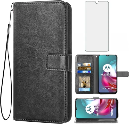 Asuwish Compatible con Moto G30/G20/G10/10 Power 2021 Funda tipo cartera de vidrio templado, protector de pantalla, soporte para tarjetas,